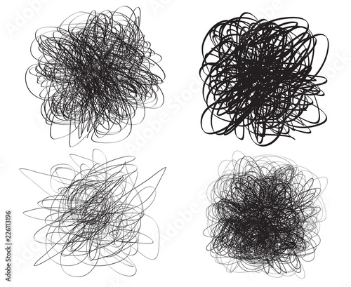 Set of chaos patterns. Scribble sketch. Background with array of lines. Tangle on white. Intricate chaotic texture. Art creation. Black and white illustration. Print for polygraphy, posters and shirts