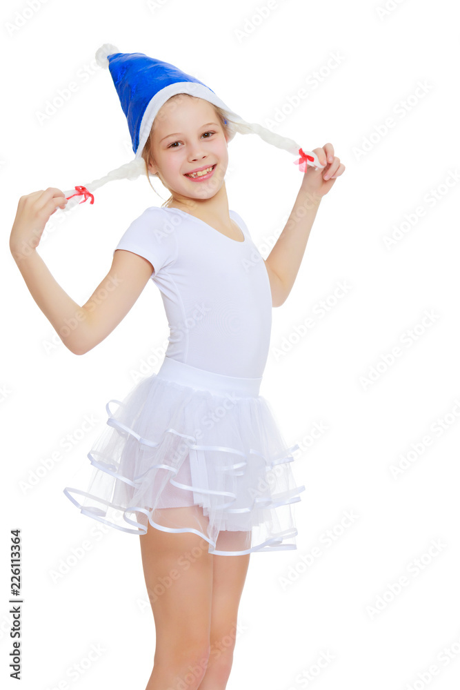 The girl gymnast in the hood Santa Claus.