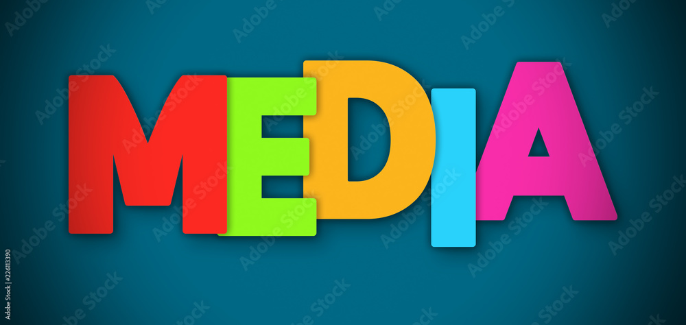 Media - overlapping multicolor letters written on blue background Media - overlapping multicolor letters written on blue background