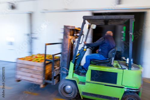 The employee on the electric forklift carry the container wiht ripe apples to inside a fridge airless storage camera. Production facilities of grading, packing and storage of crops of large warehouse.