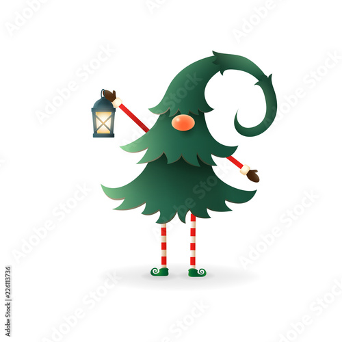Gnome hidden in Christmas tree with lantern- isolated on transparet background