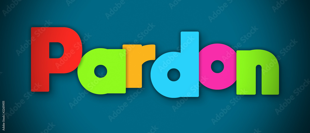 Pardon - overlapping multicolor letters written on blue background Pardon - overlapping multicolor letters written on blue background