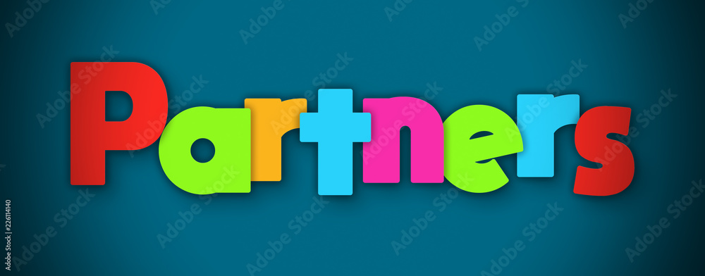 Partners - overlapping multicolor letters written on blue background