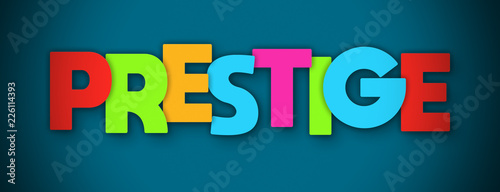 Prestige - overlapping multicolor letters written on blue background