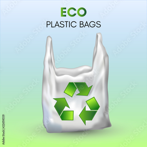 3D realistic eco plastic bag. Recycling sign on the polyethylene bag.