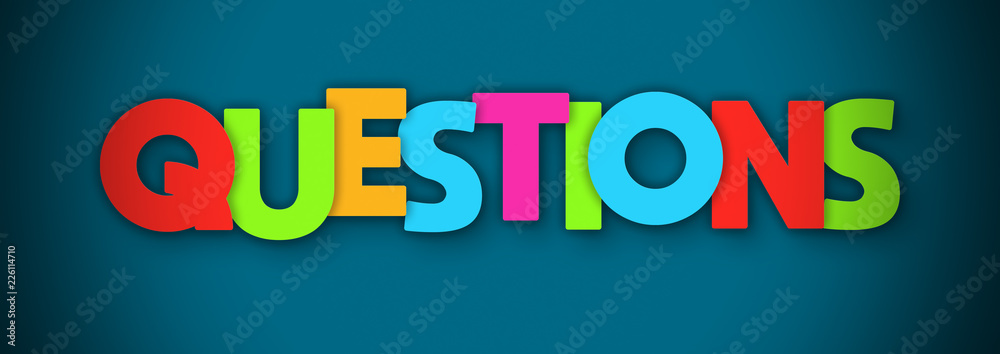 Plakat Questions - overlapping multicolor letters written on blue background