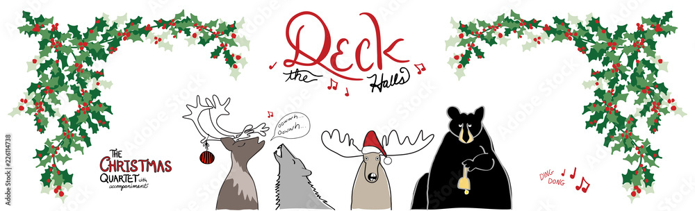 funny Christmas carol design with animals caroling, moose with santa claus  hat, black bear with bell, reindeer, and wolf singing in a fun joke cartoon  vector Stock Vector | Adobe Stock