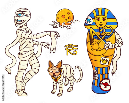 Cartoon Halloween characters set of images  Mummy moon sphinx cat  and sarcophagus. Vector isolated illustration. Can used for stickers  printing on   clothes  banners  posters  web design.