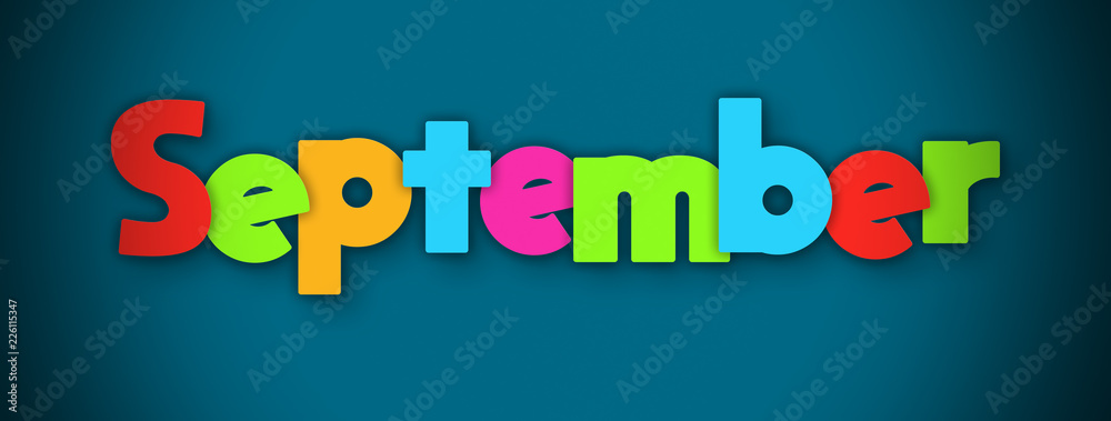 September - overlapping multicolor letters written on blue background