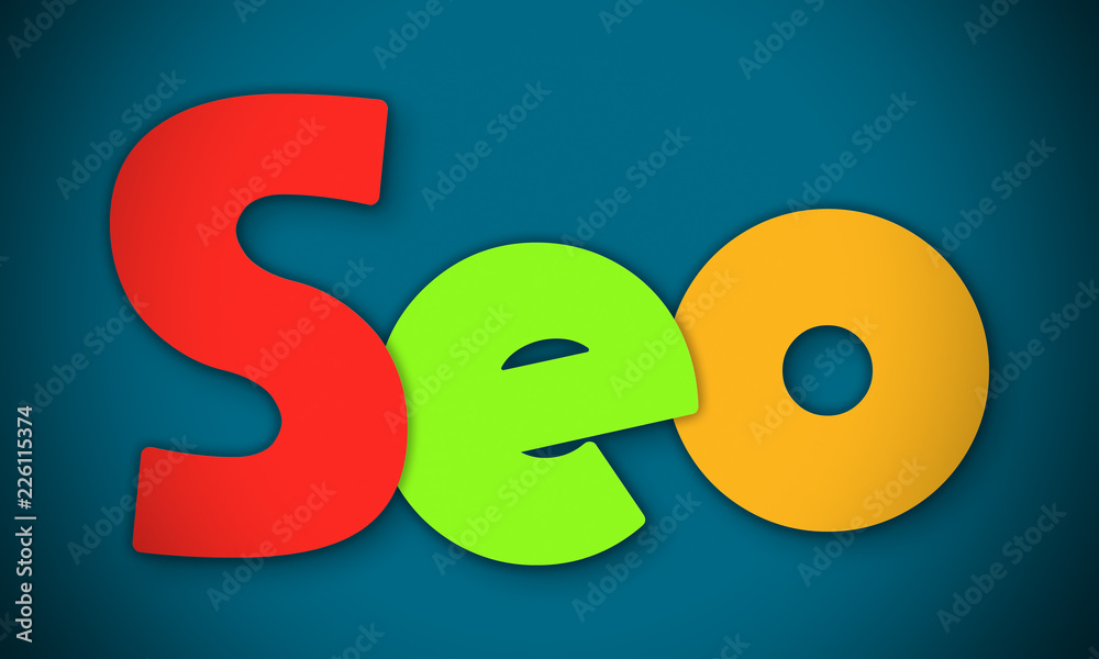 Seo - overlapping multicolor letters written on blue background Seo - overlapping multicolor letters written on blue background