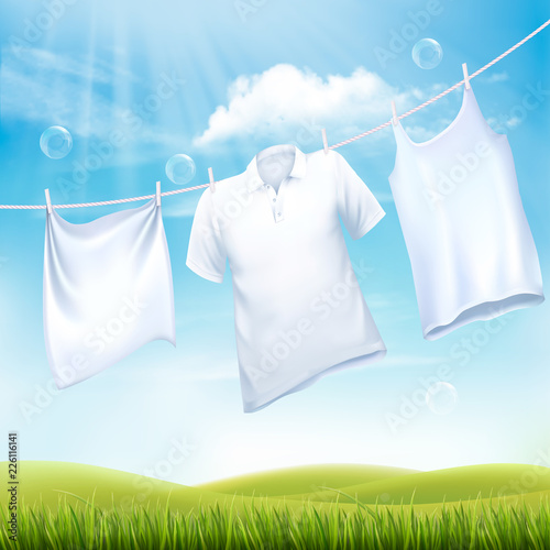 Washing white clothes hanging on the rope. Design template. Vector