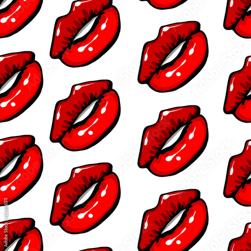 Woman mouth colored lipstick seampess pattern modern pop art style. Romantic Valentines Day design. Vector retro sketch illustration. Girl sexy lips.