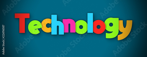 Technology - overlapping multicolor letters written on blue background