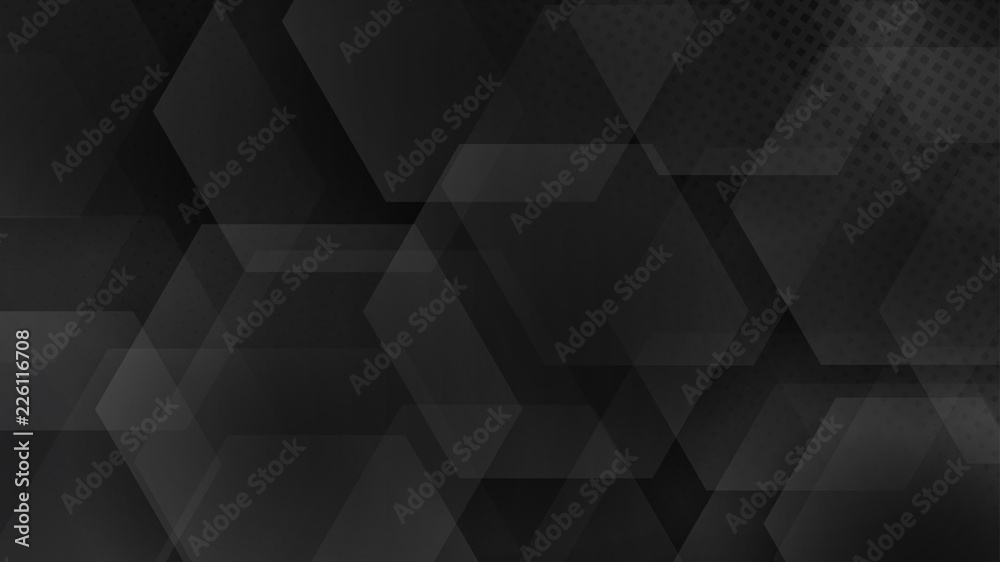 Abstract background of hexagons and halftone dots in black and gray colors Abstract background of hexagons and halftone dots in black and gray colors