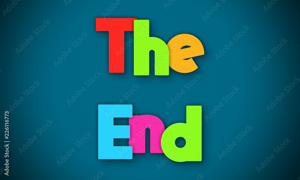 The End - overlapping multicolor letters written on blue background The End - overlapping multicolor letters written on blue background