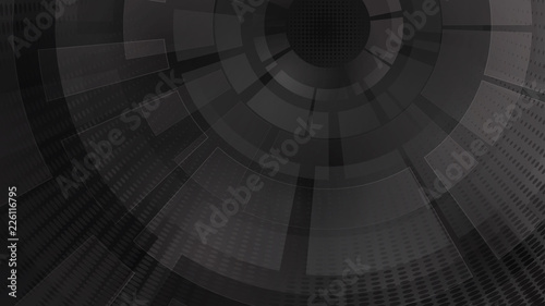 Abstract background of concentric circular elements and halftone dots in black and gray colors