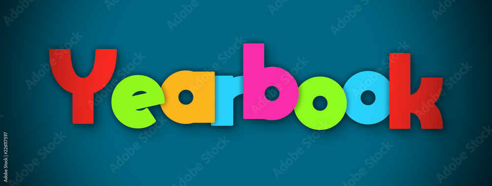 Yearbook - overlapping multicolor letters written on blue background