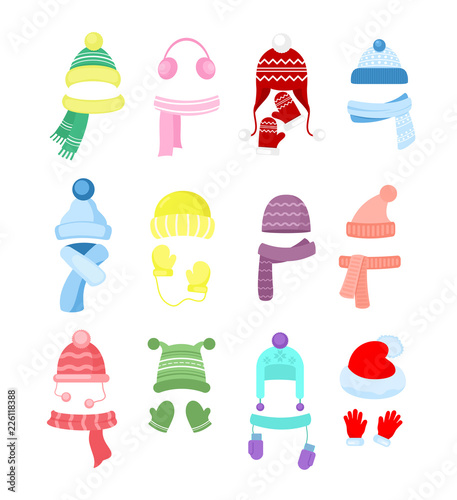 Vector illustration set of colorful winter or autumn hats, headwear collection. Knitting hats, scarves and gloves for girls and boys isolated on white background in cartoon flat style.