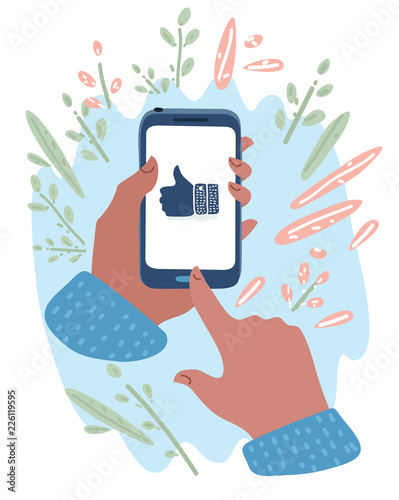 Hand holding mobile phone. Thumb up on screen.