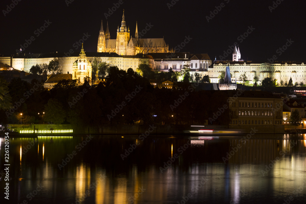 Prague gothic Castle with the Lesser Town above River Vltava in the Night, Czech Republic