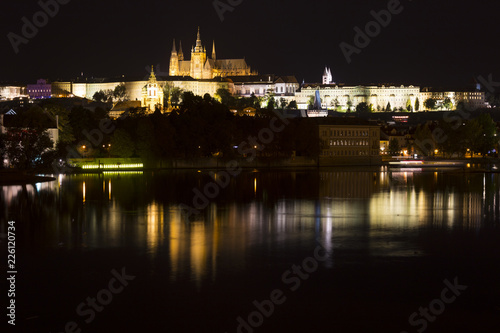 Prague gothic Castle with the Lesser Town above River Vltava in the Night, Czech Republic