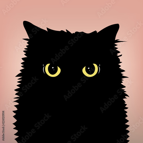Angry black cat face with big eyes on the peach color background. Yellow cat's eyes. Flat and minimal style. Vector Illusatration.