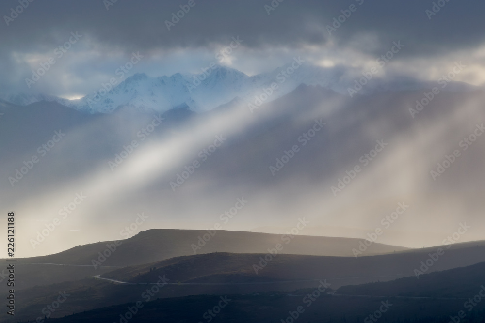 Mountain range in clouds and mist, Denali nationak park, Alaska