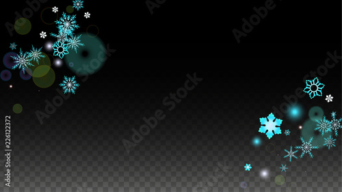 Christmas  Vector Background with Blue Falling Snowflakes Isolated on Transparent Background. Realistic Snow Sparkle Pattern. Snowfall Overlay Print. Winter Sky. Design for Party Invitation.
