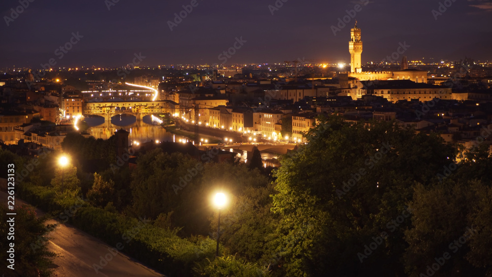 Beautiful background plate of Florence at night with bright lights