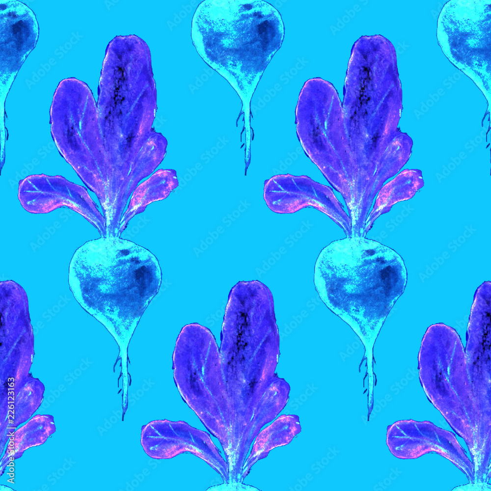 Watercolor Vegan Pattern. Seamless Hand Drawn  Vegetables. Healthy Food Print. Gardening Background. Greenery Repeatable Design for Menu, Restaurant, Salat Bar, Farmers Market. Beetroot. Vegetarian.