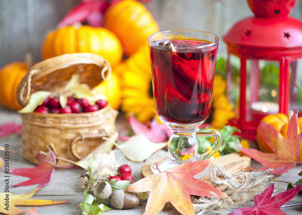 hot winter or autumn drink with spices and wild rose berries, mulled wine, hot wine