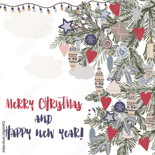 Christmas illustration with fur branches and decorations