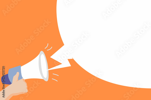 Flat design business Vector Illustration Empty copy space for Ad website promotion esp isolated Banner template. Human Hand Holding Megaphone with Sound Effect and Blank Broadcast Bubble