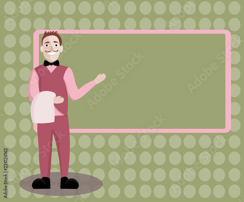 Flat design business Vector Illustration Empty template esp isolated Minimalist graphic layout template for advertising. Male Waiter Smiling Standing in Uniform Hand Presenting Blank Menu Board