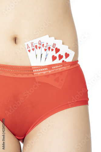 Chinese woman posing in red panties isolated on white background