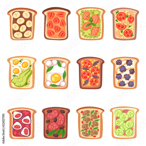 Toast vector healthy toasted food with bread vegetables and fruits or egg snack for breakfast illustration set of delicious sandwich with sliced tomato and cut sausages isolated on white background