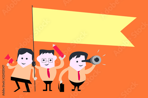 Flat design Vector Illustration Empty esp template copy text for Ad, promotion, poster, flyer, web banner, article. People Smiling Standing Holding a Megaphone Blank Flag Monocular Telescope