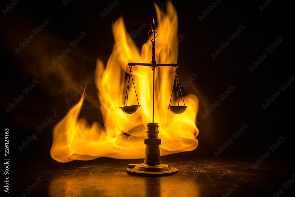 Justice Leveling Object Justice scale with dark toned foggy background. Justice concept. Scale ...