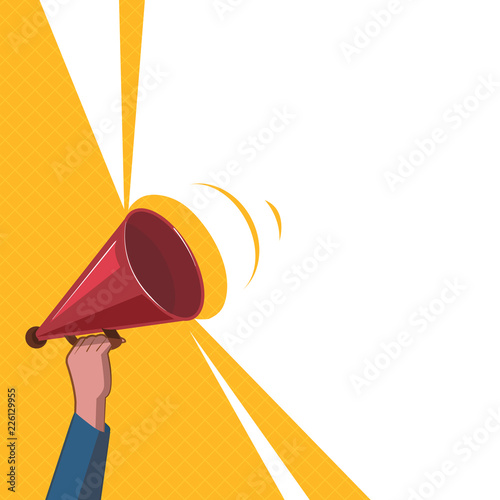 Flat design business Vector Illustration Empty copy space for Ad website promotion esp isolated Banner template. Human Hand Holding Upward Megaphone with Volume Sound Range Pitch Power