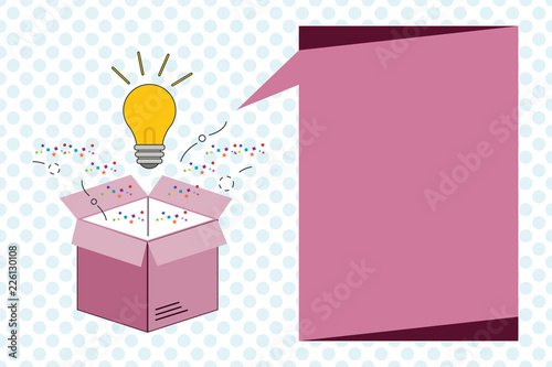 Flat design business Vector Illustration concept copy text for esp Web banners promotional material mock up template. Bulb Glowing over Open Empty 3D Box and Blank Vertical Rectangle Bubble