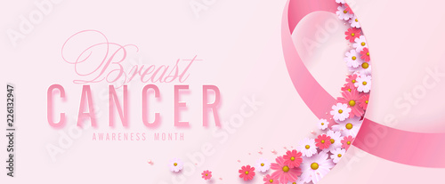 Breast cancer october awareness month pink ribbon and spring poster background,vector illustration