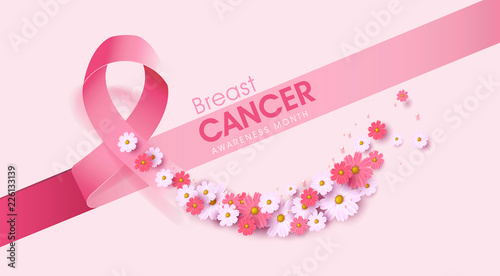 Breast cancer october awareness month pink ribbon and spring poster background,vector illustration