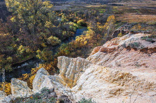 The output of limy rocks of organic origin near the river. Western Siberia, Russia
