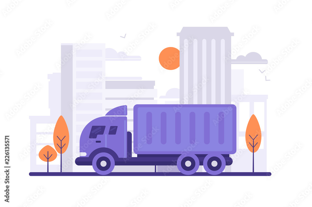 Naklejka premium Truck is carrying things on city background.