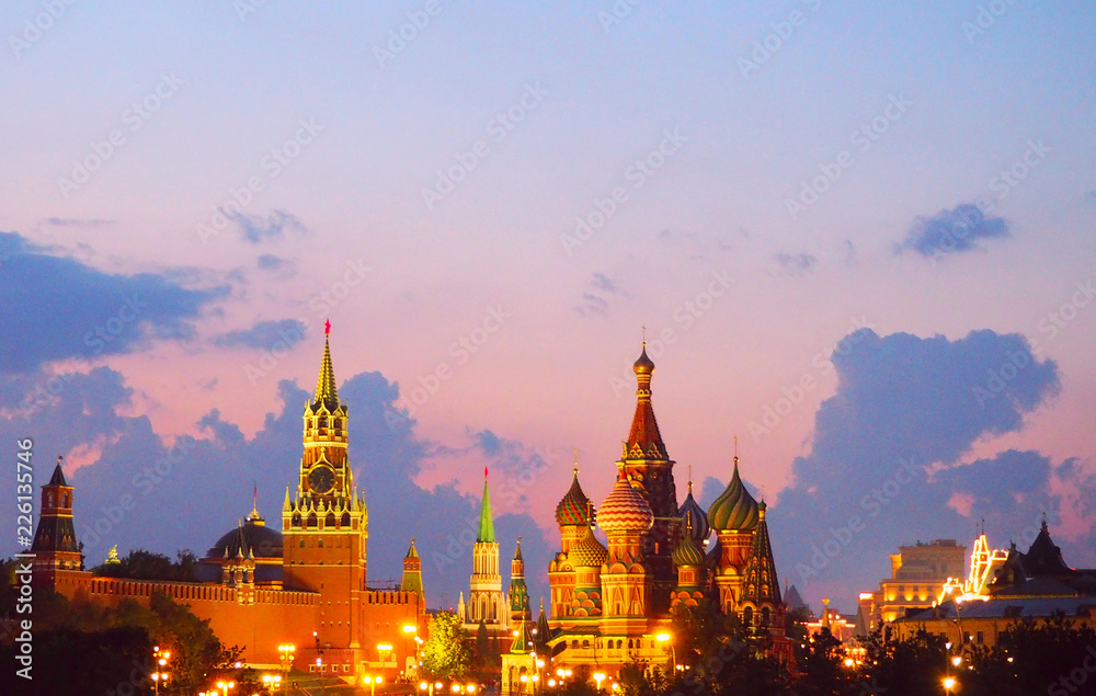 view from the bridge to the Kremlin, cathedral (Temple) of Christ the Savior, Moscow river and Moscow City. Panorama at sunset, Moscow, Russia