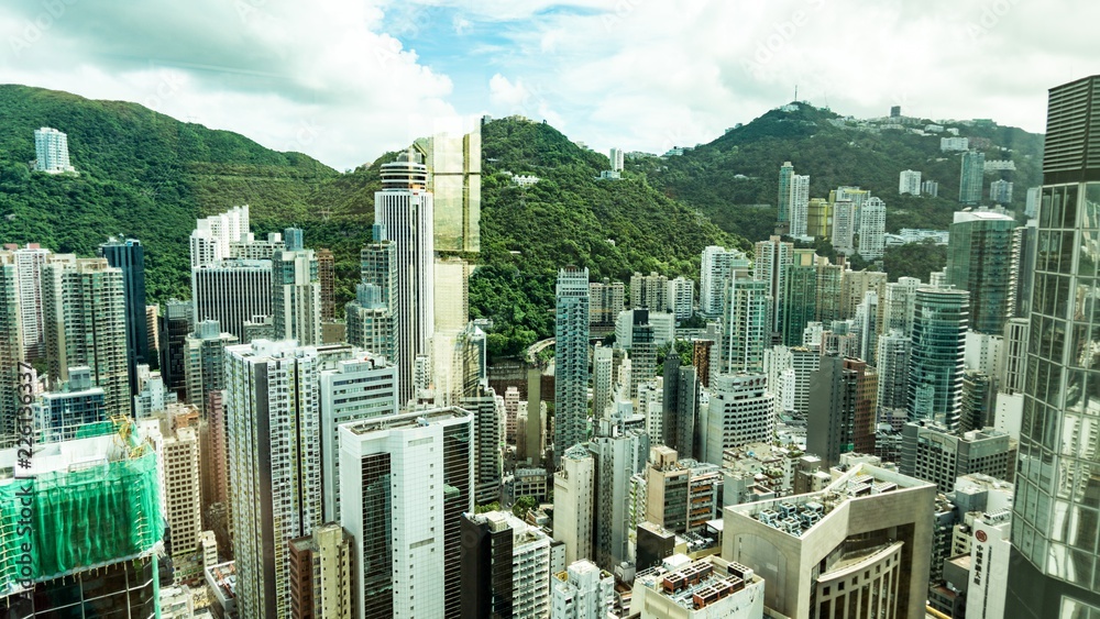 Naklejka premium Top View of Skyscrapers in a Big City. Financial and business centers in Hong Kong.