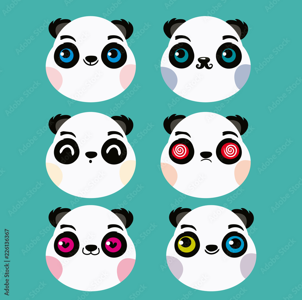 Ilustraciones cara pandas expresiones tierno triste enojado enamorado serio sorprendido