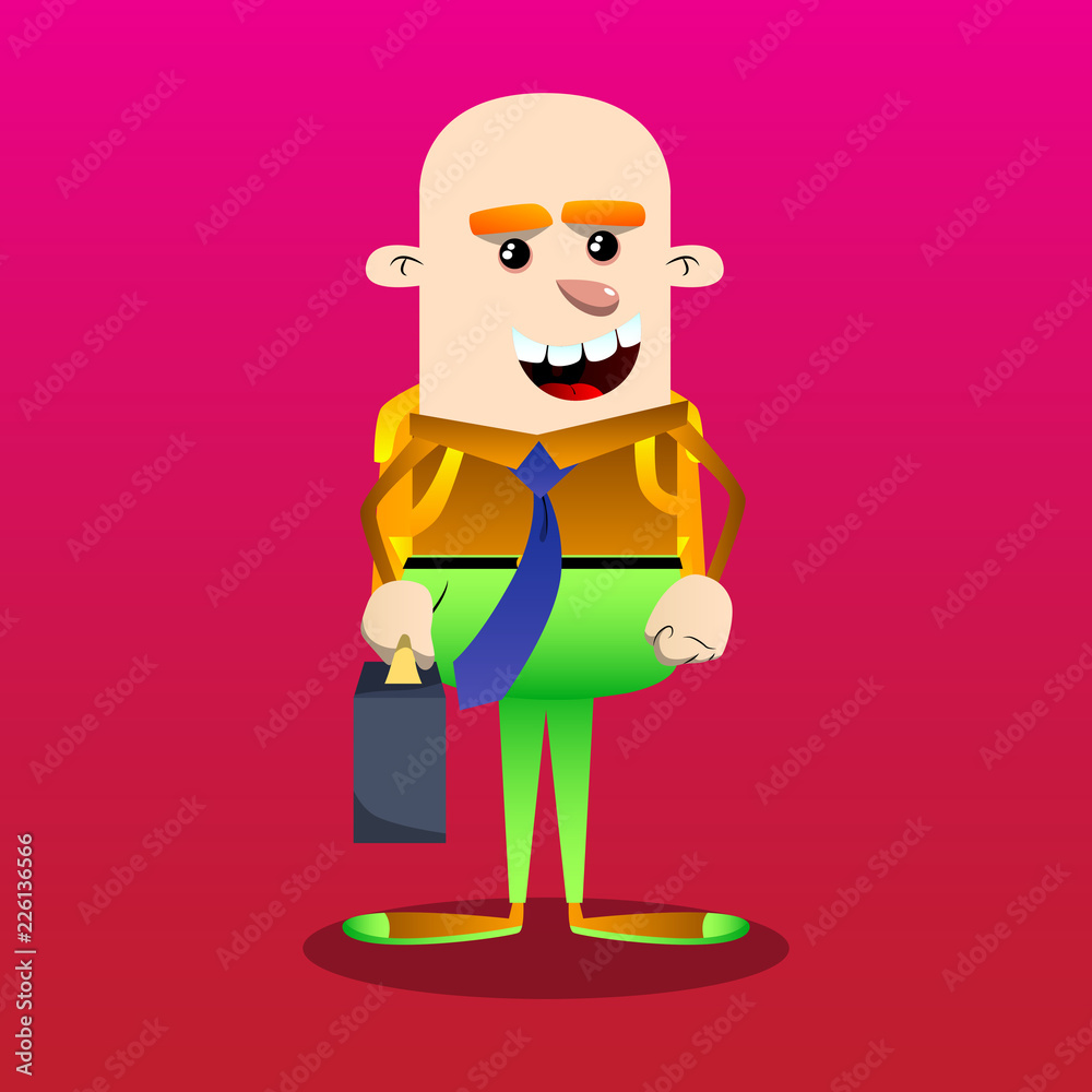 Schoolboy as boss with suitcase or bag and tie. Vector cartoon character illustration.