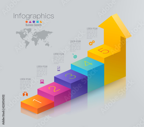Stair infographics design vector and business icons with 5 options.
