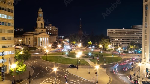 Zoom out Time Lapse of Thomas Circle Park traffic, night time photo